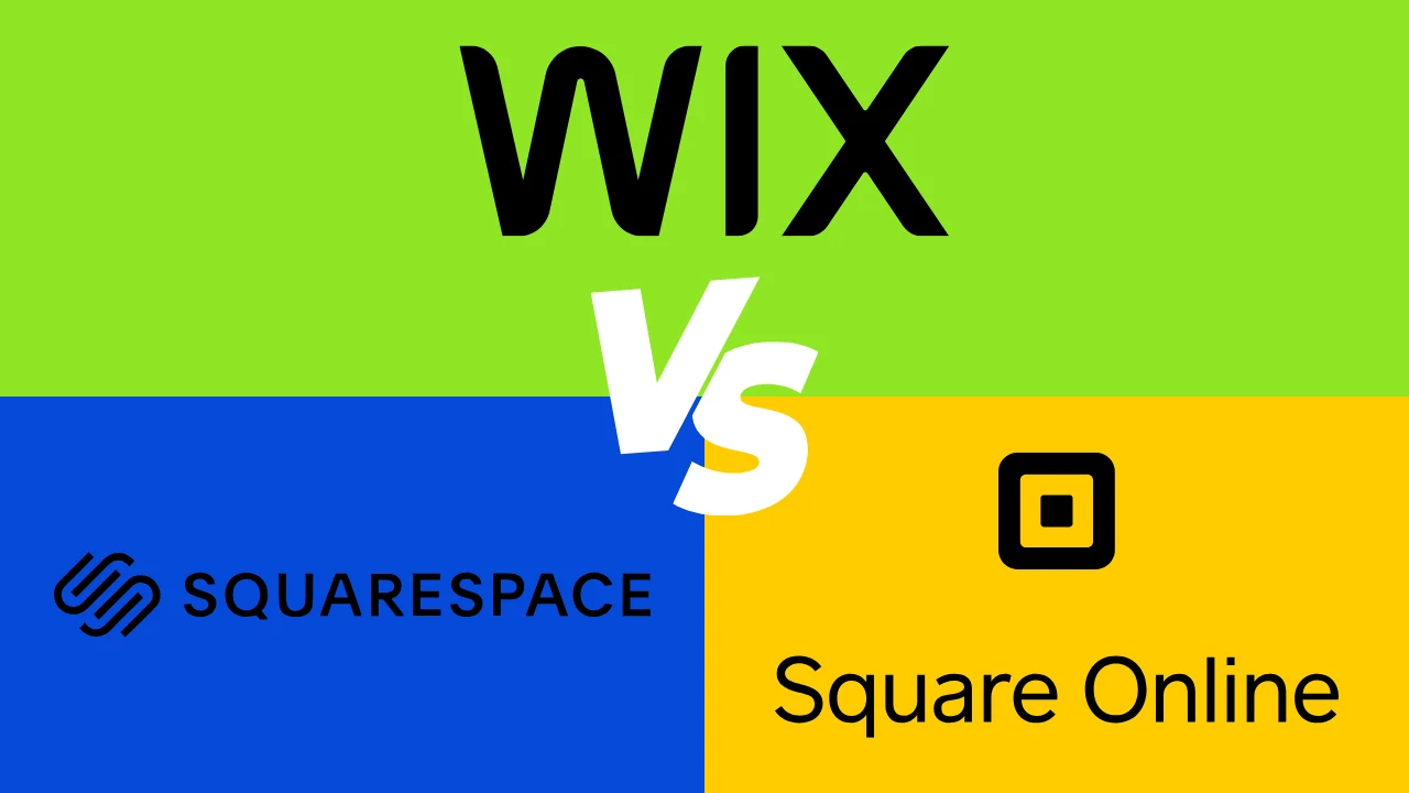 A minimalist tri-brand comparison graphic divided into three distinct color blocks. The top lime green section displays the Wix logo. The bottom-left blue section features the Squarespace logo and brand name. The bottom-right yellow section shows the Square Online logo and text. A stylized white "Vs" sits in the center where all three sections meet.